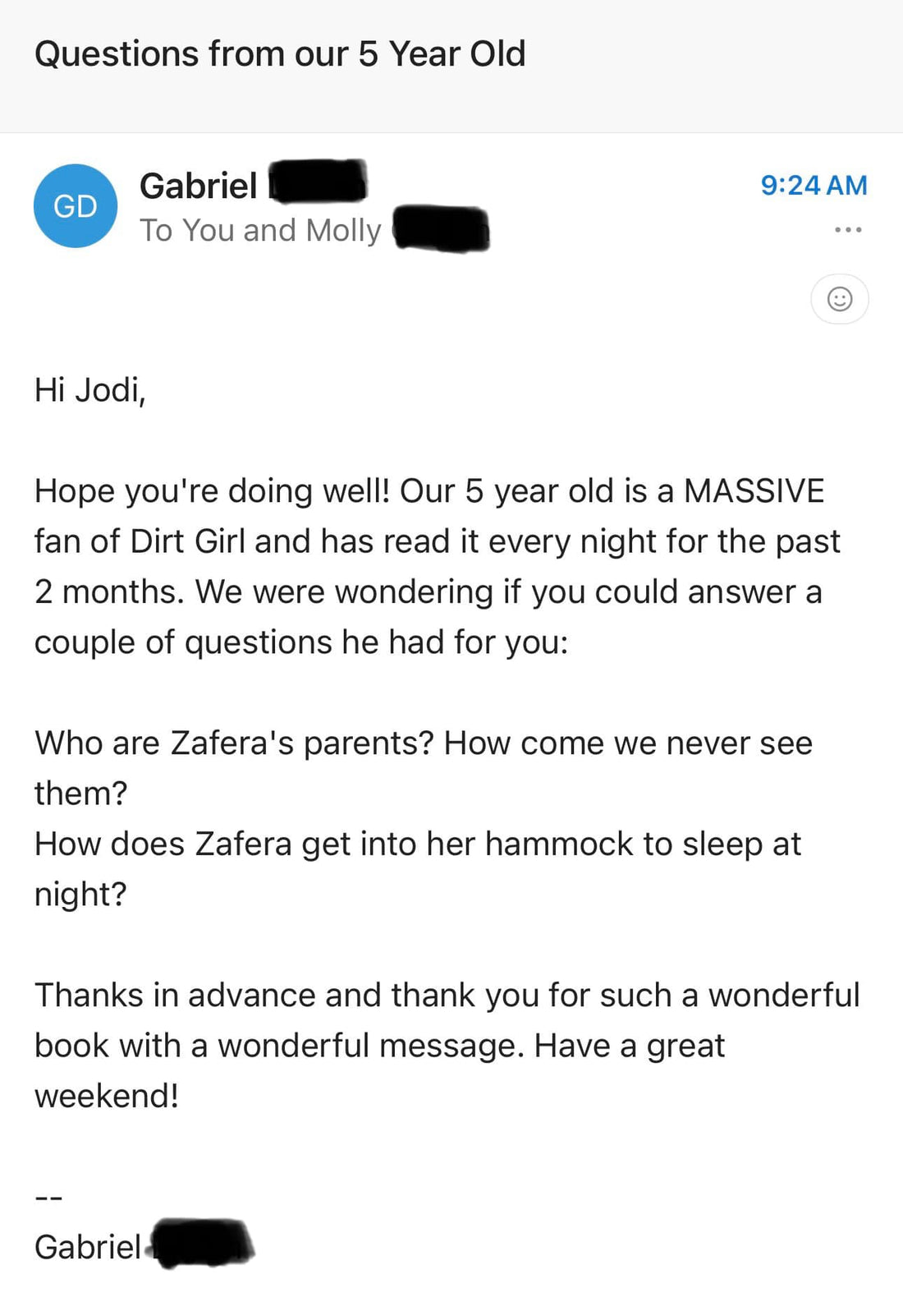 Fan Mail! Why didn't you include parents in The Dirt Girl?
